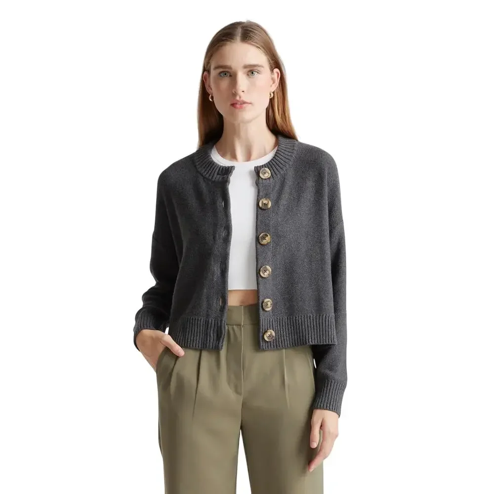 New Quince Women's XS Organic Cotton Cropped Cardigan Charcoal Gray Preppy Retro
